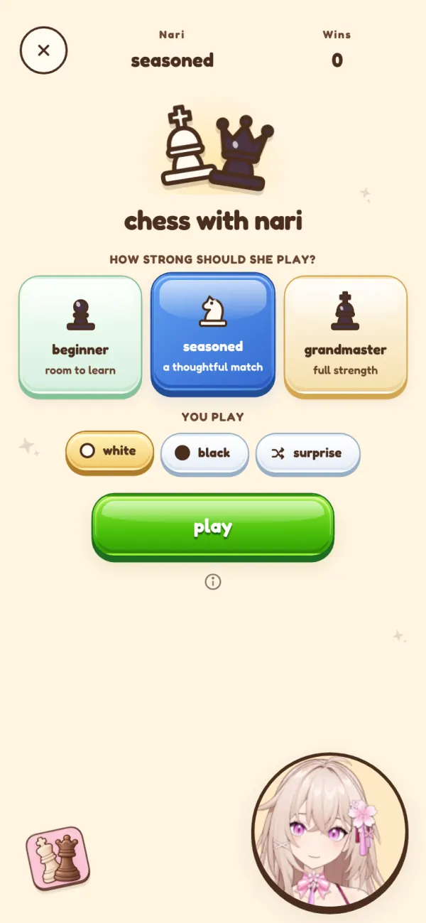 Choosing a difficulty for chess with Nari