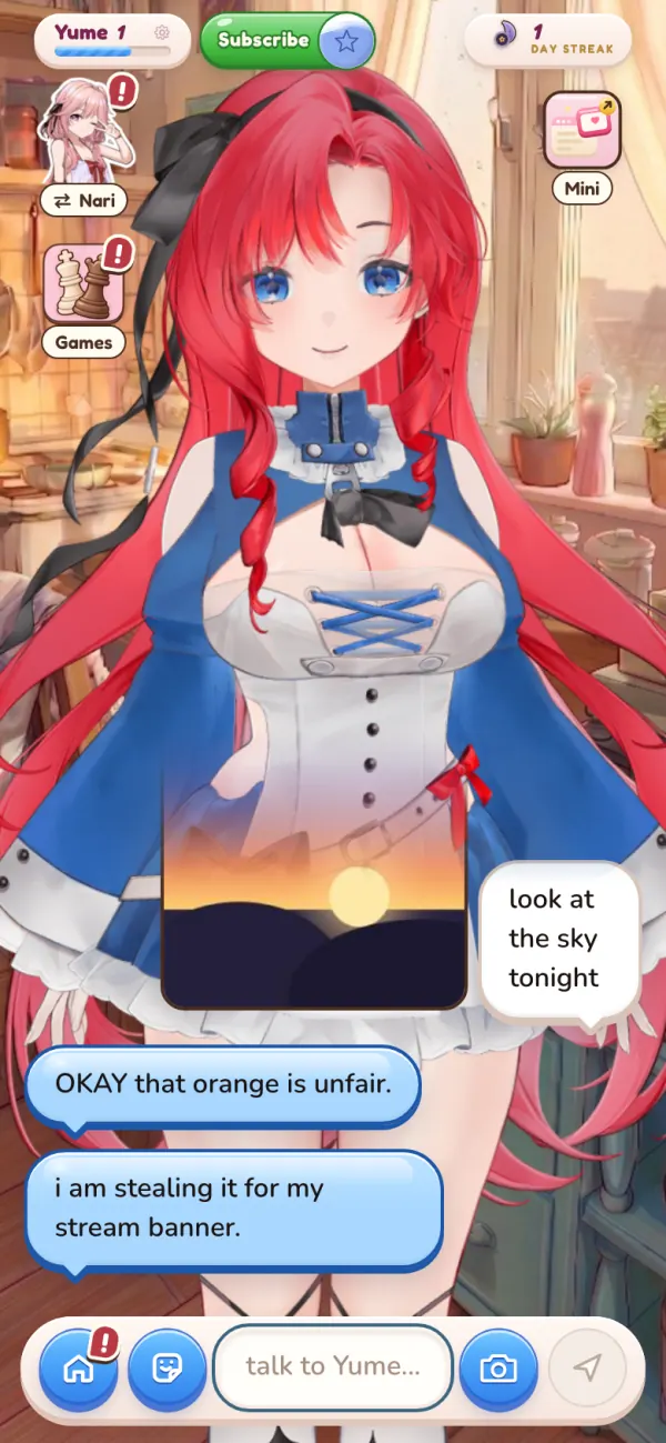 Sending Yume a photo of a sunset sky and her reply in the chat