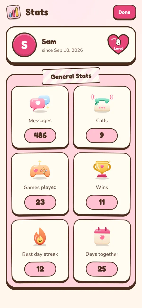 The Stats page with messages, calls, games played, wins, best streak and days together